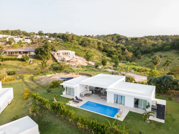 aerial view of modern white villa with pool and green hills